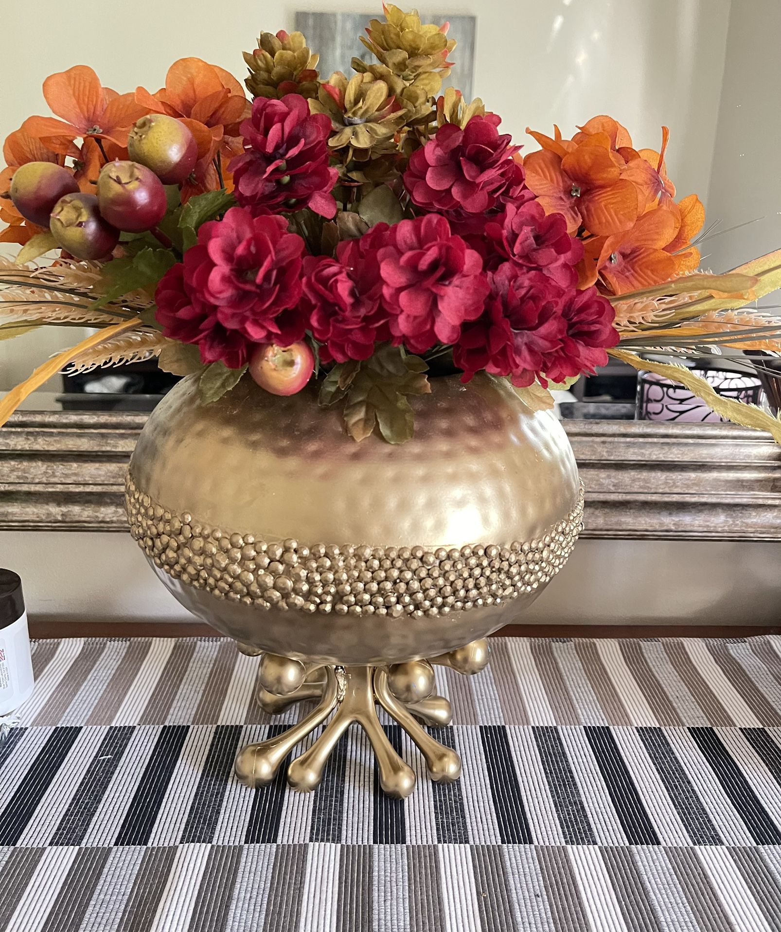 Gold Metal  Vase With Flowers & Base 