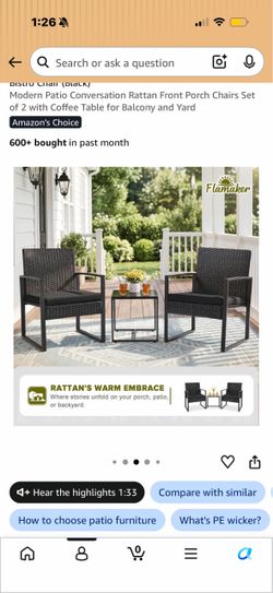 Black Patio Balcony Chair & Table Set with Cushion, Outdoor Rug and Floral Privacy Fence
