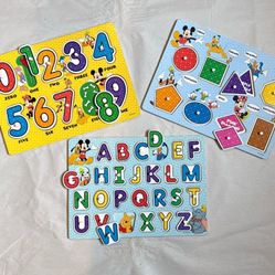 Melissa & Doug Disney Mickey Mouse Clubhouse Numbers Wooden Peg Puzzle (10 pcs) + Shapes (8 Pcs) + ABCs (26 Pcs)
