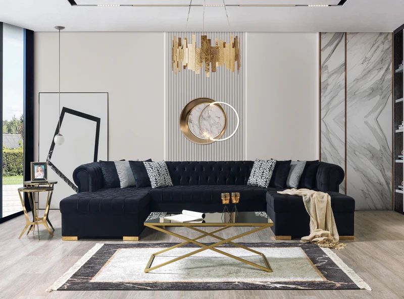 Lauren Black Velvet Double Chaise Sectional - Shop Now Pay Later - $39 Down
