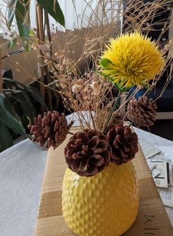 Yellow Ceramic Textured Vase with Dried Floral Arrangement