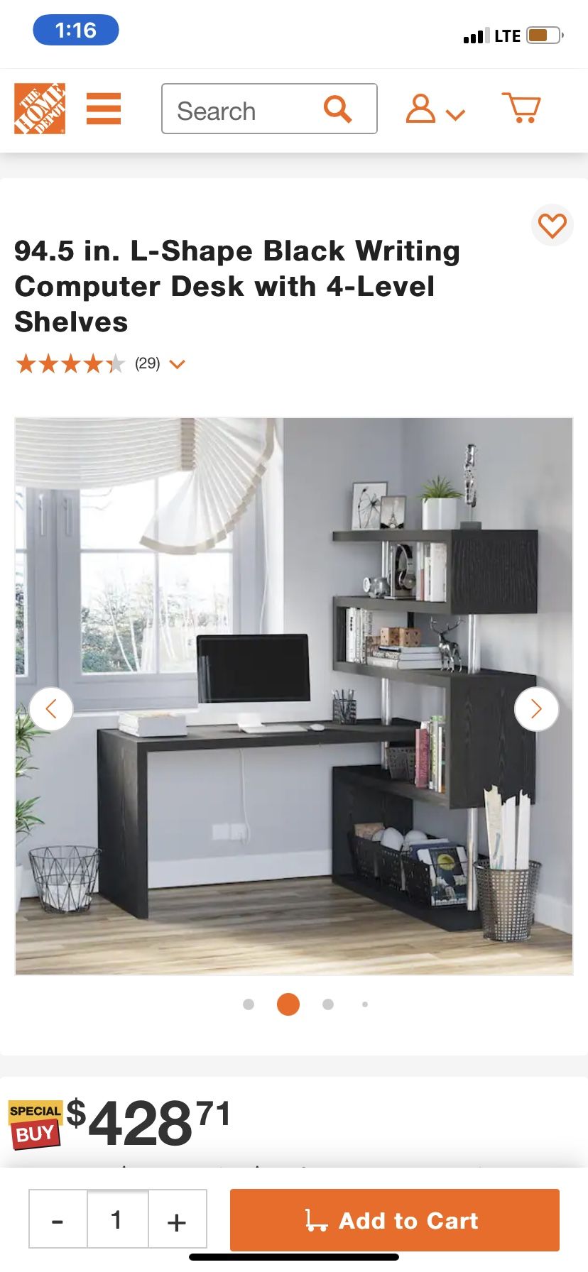 94.5 in. L-Shape Black Writing Computer Desk with 4-Level Shelves