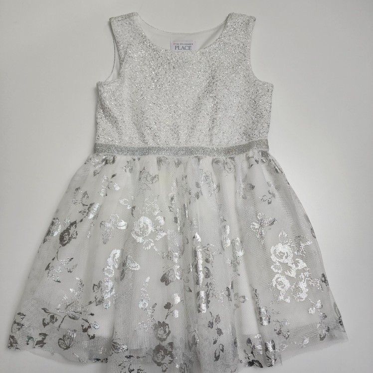 Toddler Girls White & Silver Foil Flowers & Butterflies Tulle Dress Size 4t