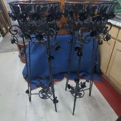 Pair Antique Wrought Iron Plant Stands w Flowers