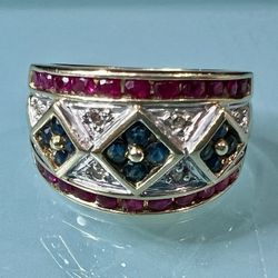 💎 Stunning 14KT Yellow Gold Diamond, Ruby & Sapphire Band