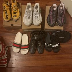 Yeezy, Human Race, LV shoes And Belt, And Supreme Slides And Waist Bag