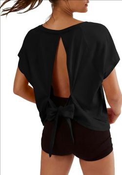 Fisoew Women's Activewear Cropped T-Shirt Open Back V Neck Short Sleeve XL