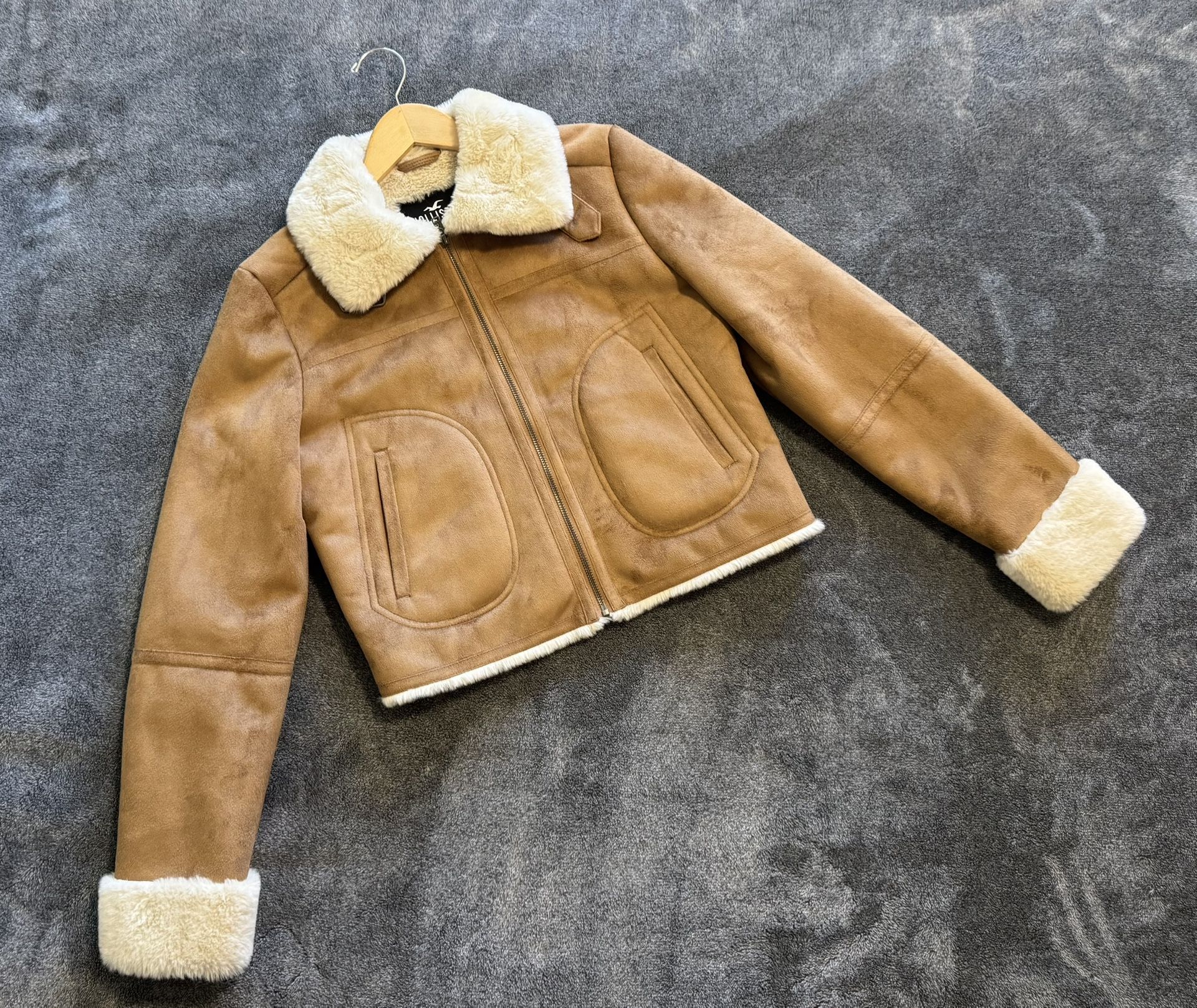 Hollister Womens Faux Suede Shearling Aviator Jacket Brown S