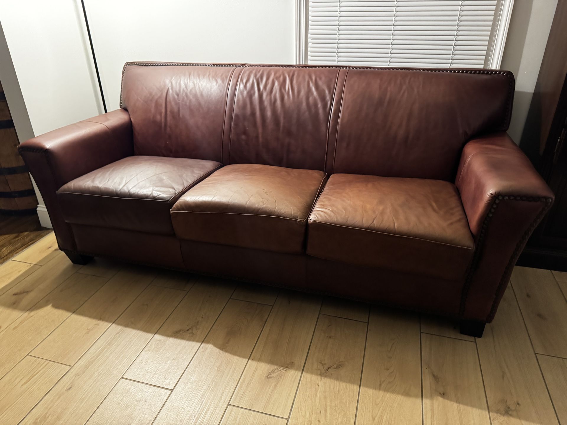 Genuine Brown Leather Sofa with Nailhead Trim β Great Condition