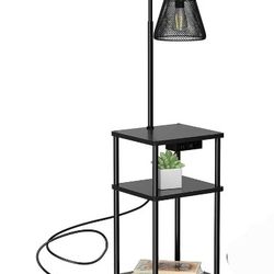 Black Floor lamp side table with USB charging port and outlet