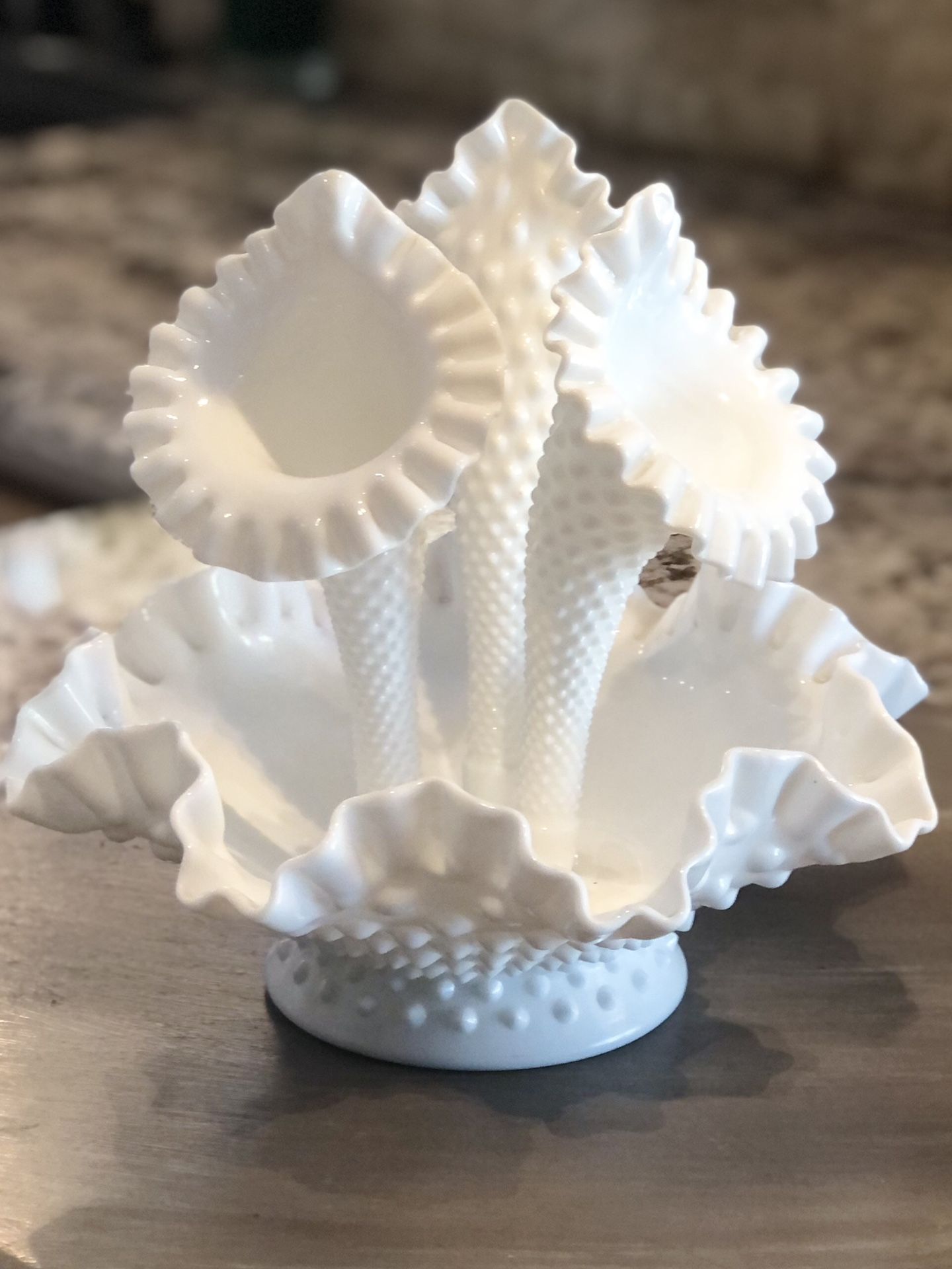 Vintage Fenton Diamond Lace Hobnail Milk Glass 3 Horn Epergne Flower Vase 10”