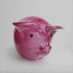 Hand Blown Art Glass Pink & Clear Glass Pig Paperweight ~ Collectible
