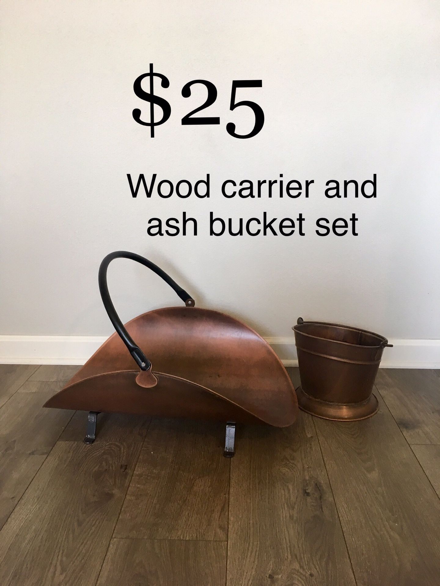 Copper Fireplace tools. Wood carrier and ash bucket