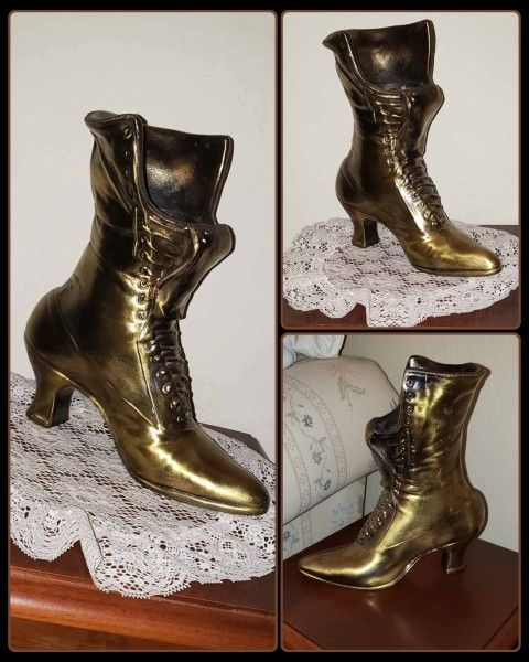 VINTAGE ORNATE VICTORIAN SOLID BRASS BOOT BOOTIE SHOE HEEL VASE FLOWER POT PLANTER DECOR