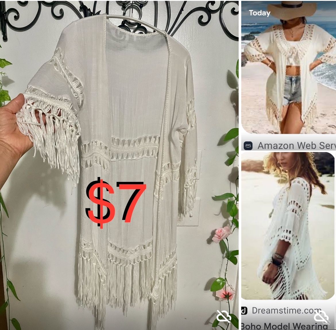 $7 Boho Fringed Cardigan/Kimono like New size S/M in mint condition