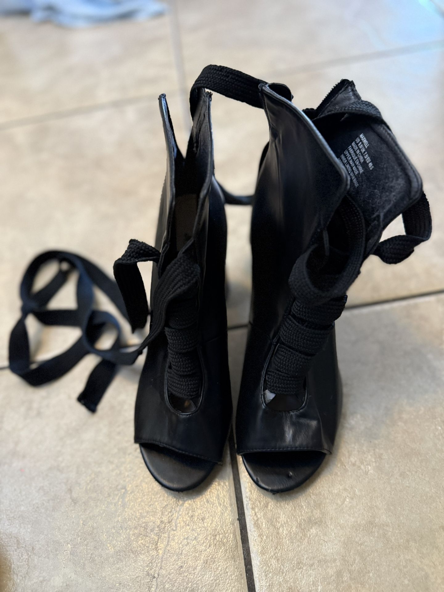 Black Leg Tie Peep Toe Booties With Block Heel