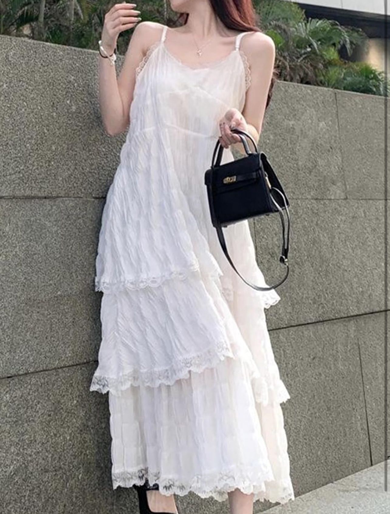 Women Long Dress with Lace Trim Spaghetti Straps White/Black Casual Summer Slip