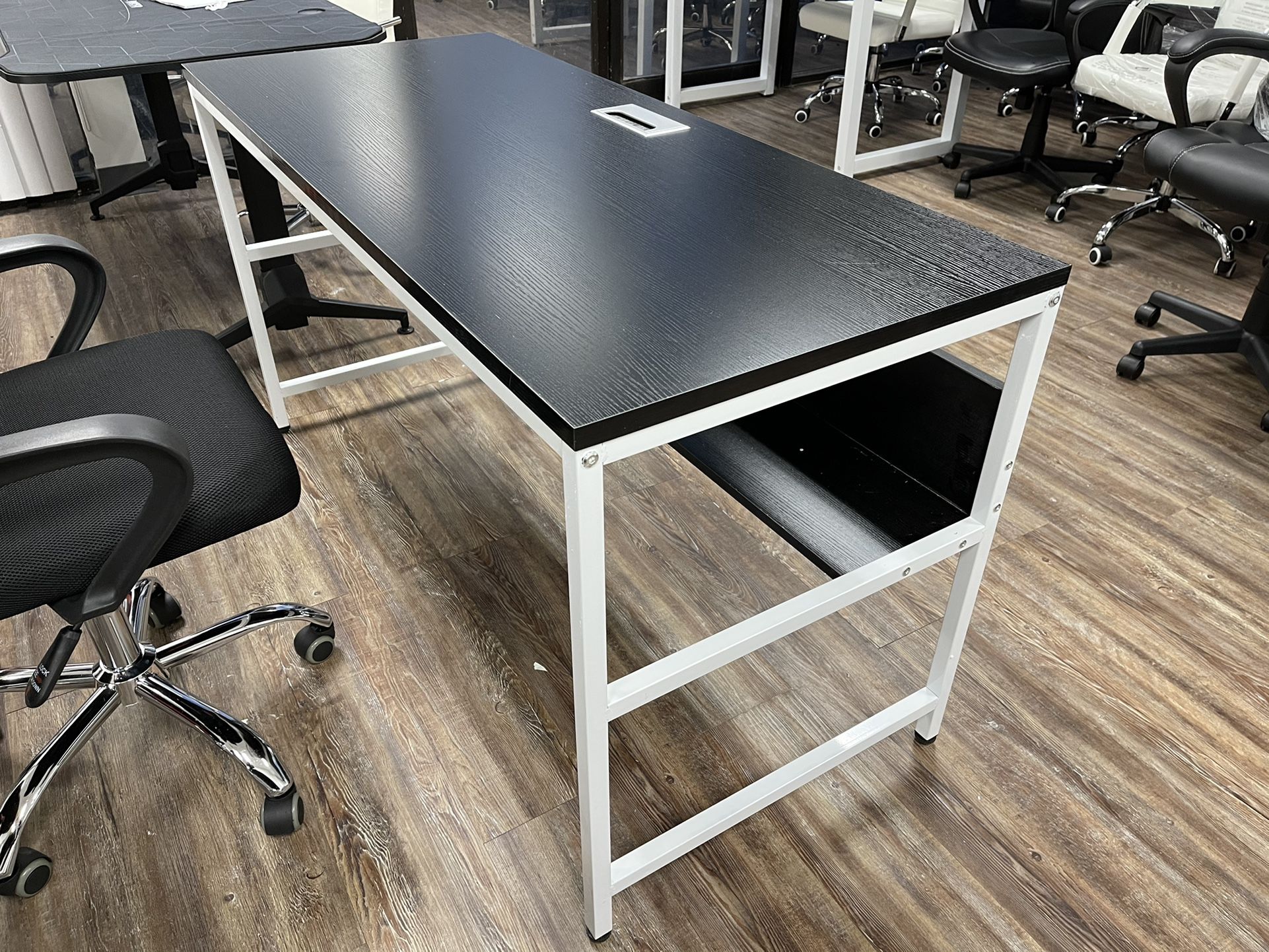 Modern 55" Computer Desk with Bookshelf/Metal Desk Grommet Hole Cable Cover (black&white )