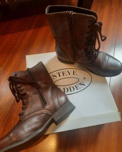 Steve Madden Boots Womens 6M Troopa Brown Leather Upper Lace Up Cap Toe Combat