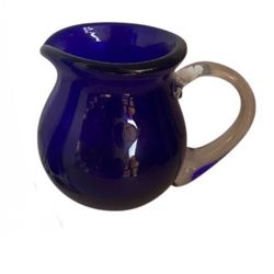 Cobalt Blue Hand Blown Art Glass Creamer Pitcher Clear Applied Handle  