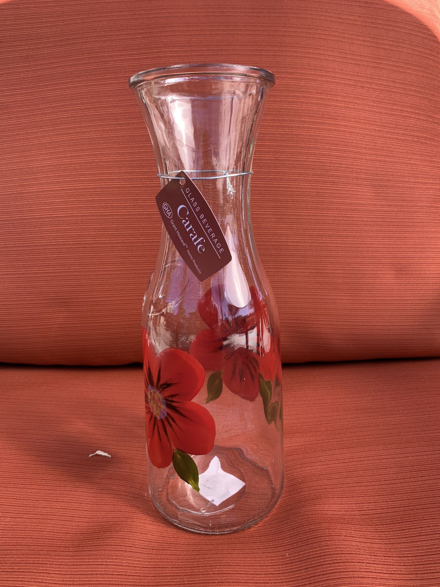 New Grant Howard Glass Pitcher Carafe with Red Flowers