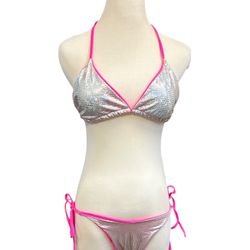 Shein Women's Silver Pink Bikini Shiny Metallic Size Medium New