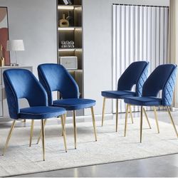 Velvet Blue Dining Chairs Set of 4 Modern Accent Chairs Upholstered Dining Room Chairs with Gold Metal Legs Thick Cushions Armless Back Chair for Kitc