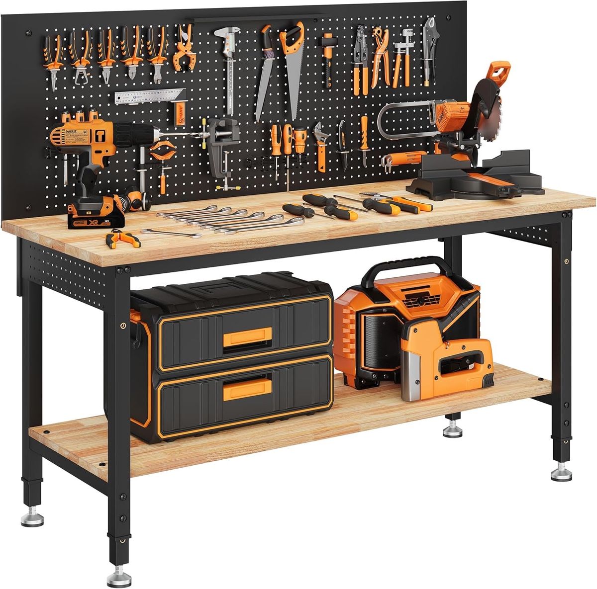 60" Work Bench Adjustable Height with Storage Shelf, Max Load 2000 LBS Heavy Dut