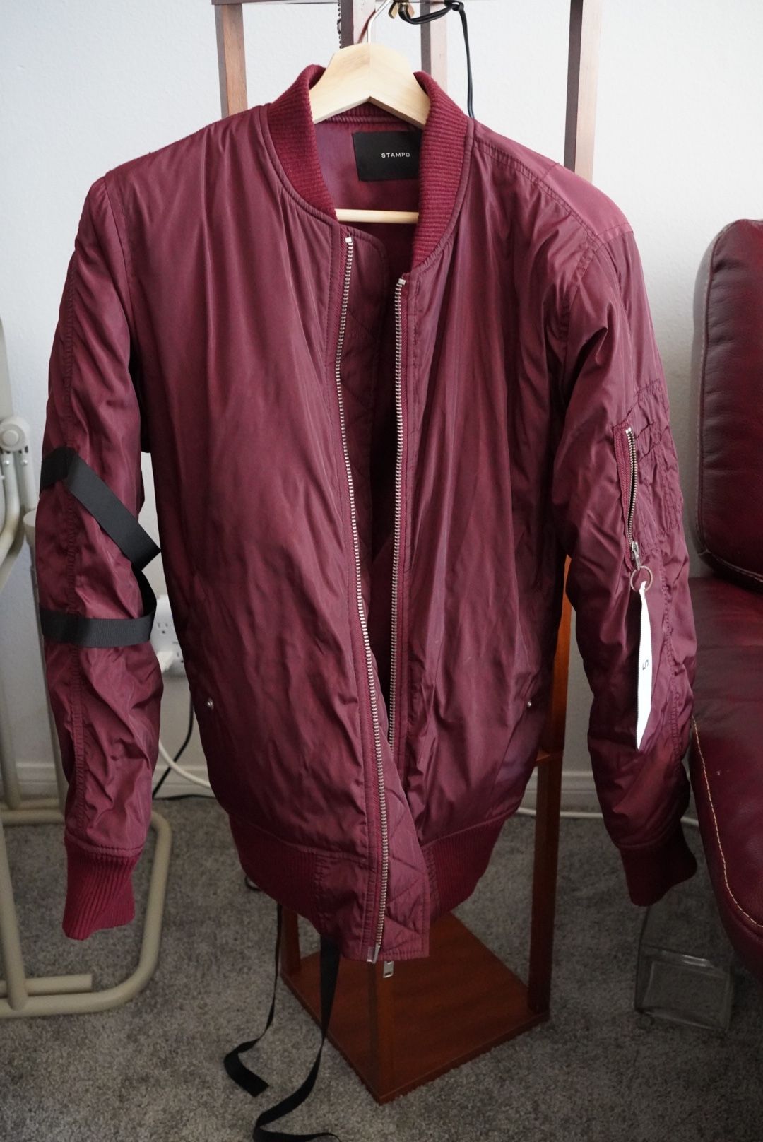 Burgundy Strapped Bomber Jacket
