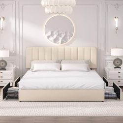 Platform Storage Bed Beige Metal + Wood Bed Frame King Platform Bed with Velvet Upholstered Headboard and 4-Drawers