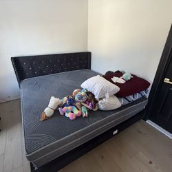 Black Tufted Bed Frame w/ Mattress and Box Spring