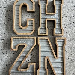 Corrugated Tin Metal & Wood Framed Letters. Approx. 9x14. $15.00 EACH. Pre Owned