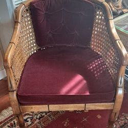 Maroon Velvet Faux Bamboo Caned Chair With Tufted Back