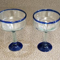 Blue Tip Bar Style Margarita Glass Set 8in Height 5in Diameter 