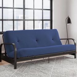 DHP Cleo Black Metal Arm Full Size Futon Frame with 6" Blue Mattress 
