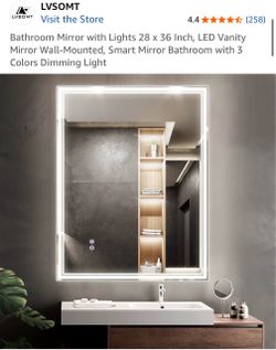 Bathroom / bedroom Mirror with Lights 28 x 36 Inch, LED Vanity Mirror Wall-Mounted, Smart Mirror Bathroom with 3 Colors Dimming Light