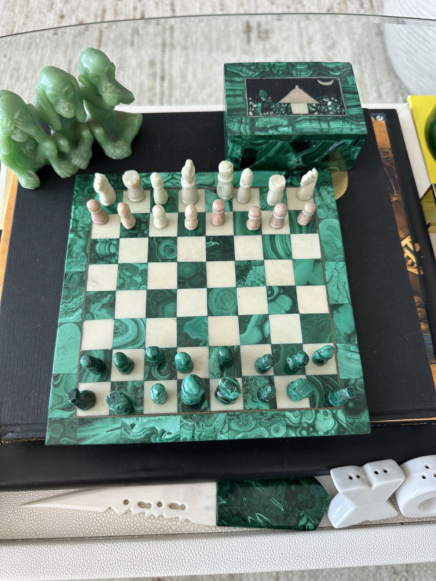 Green Malachite Stone Chess Board with Marble Chess Pieces Handmade Chess board adult Gaming Board