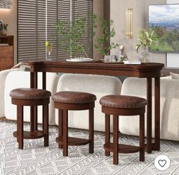 4-Piece Bar Table Set with 3 PU Bar Stools, Solid Wood Counter Height Dining Set, Breakfast Table wi