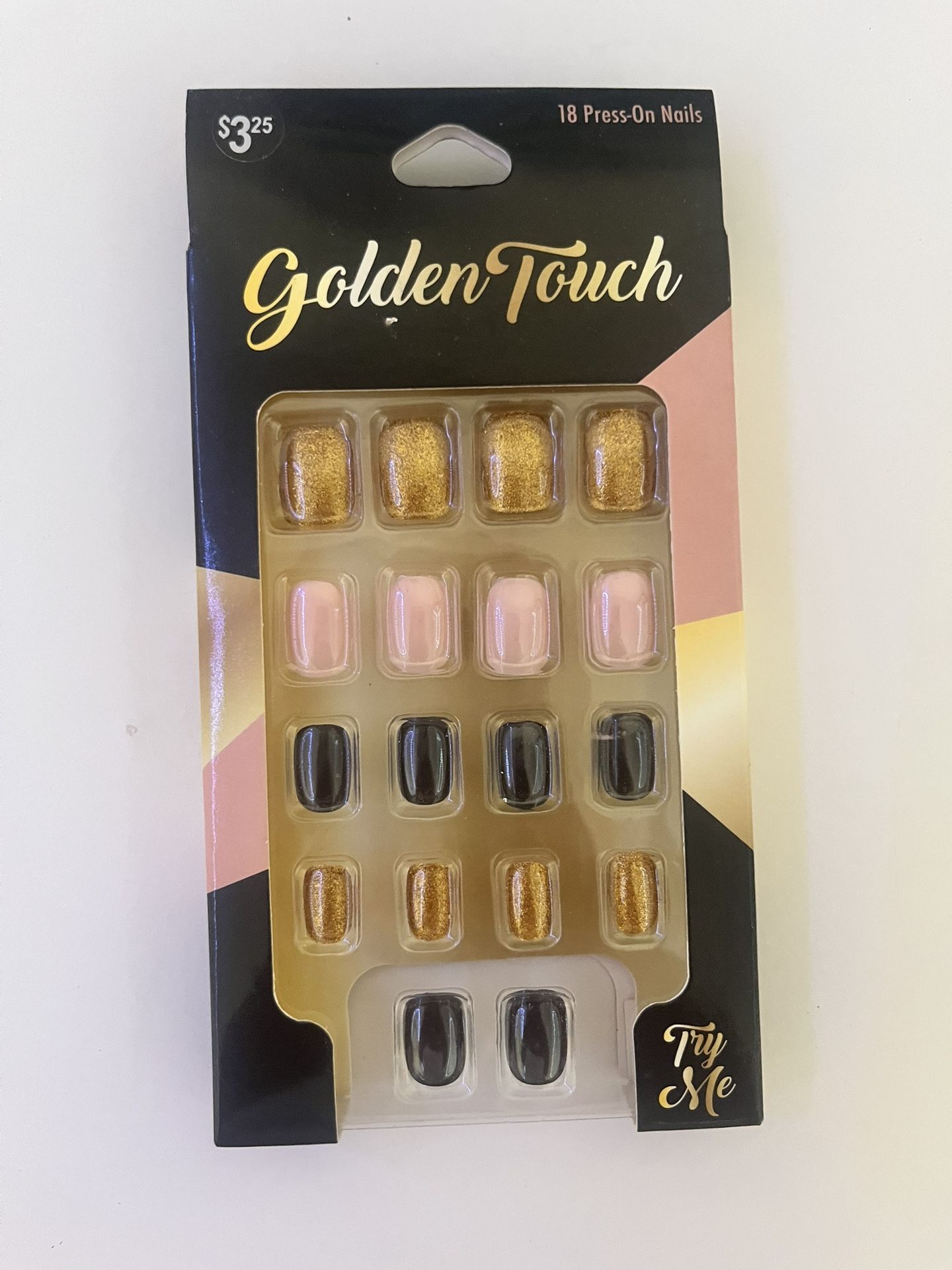 Pink, Gold, And Black Fake Nails