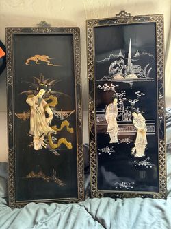 Vintage Chinese Black Lacquer Wall Panels Art - 2 Unique Pieces