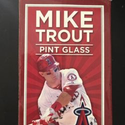 2013 Los Angeles Angels stadium giveaway pint glass featuring Mike Trout in its original red packaging