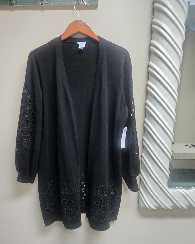NWT Chico's Black Eyelet Long Sleeve Lightweight Open Cardigan Sweater SZ 2 US L