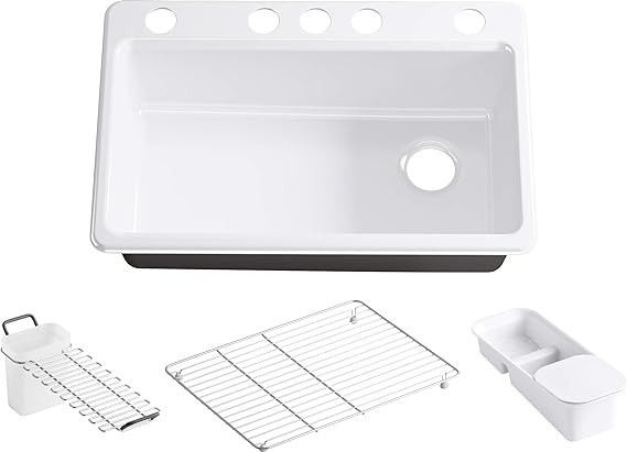 KOHLER K-5871-5UA3-0 Riverby 33" Undermount Single-Bowl Workstation Kitchen Sink, Workstation Sink, Cast Iron Kitchen Sink, White