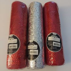 3 Rolls of 15 Ft. Decorative Fabric (2 Red, 1 Silver)