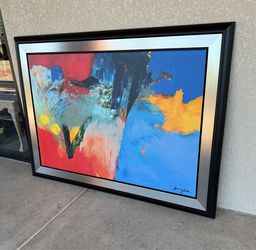 Large 68 inch modern contemporary artwork on campus with cool custom frame