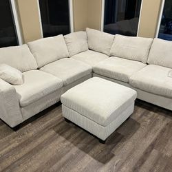 New Corduroy Fabric Sectional.  Off White / Beige.  99” X 99”.  Free Delivery!
