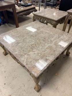 Marble Top Coffee Table with Carved Wood Base