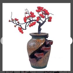 YOUUGIOR  Red Peach Flower Plum Tree Resin Trunk with Jar Rustic Fountains Waterfall Fountain Soothing Sound Tabletop Office Home Desktop Decor