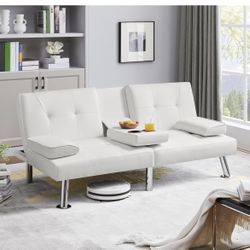 Convertible Sofa Bed Adjustable Couch Sleeper Modern Faux Leather Home Recliner Reversible Loveseat Folding Daybed Guest Bed, Removable Armrests, Cup 