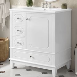 30” White Freestanding Bathroom Vanity w/ Ceramic Sink (FAUCET NOT INCLUDED) [NEW IN BOX] **Retails for $450 ^Assembly Required